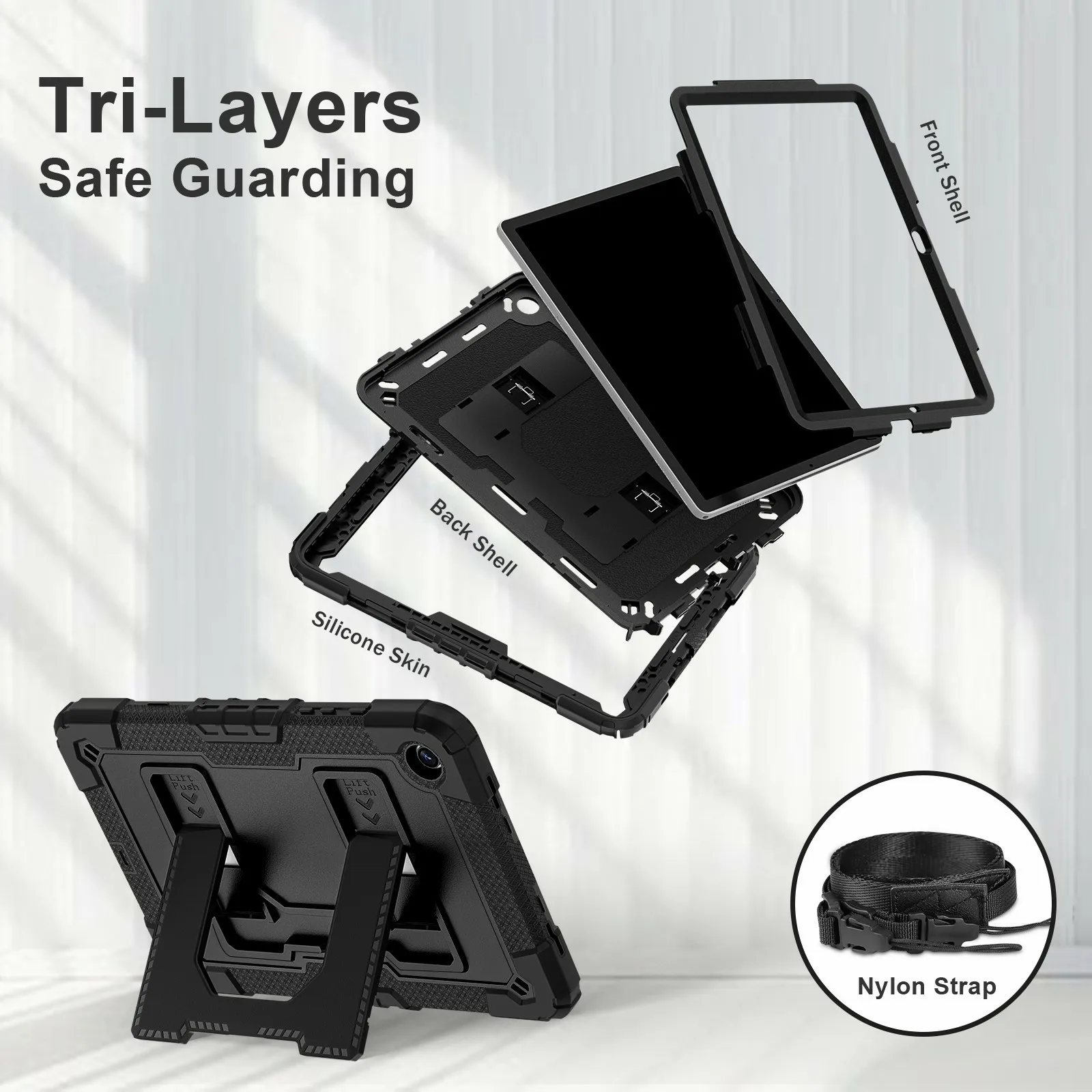 For Samsung Galaxy Tab A11+ Case with Kickstand Strap Anti Drop PC + Silicone Tablet Cover - Black  /  Black