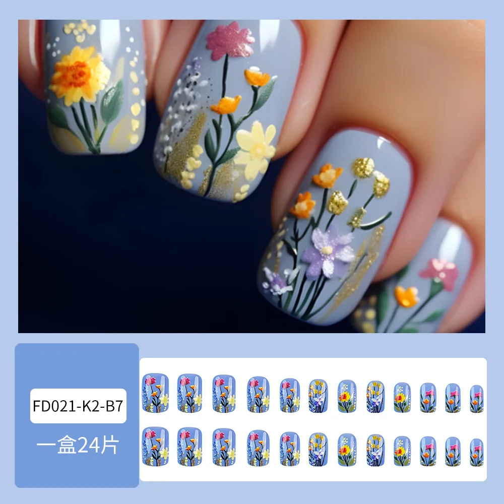 

24 шт. синих накладных ногтей с 3D-тиснением, цветочный дизайн, короткие квадратные, полное покрытие, для женщин и девушек, съемные накладные ногти