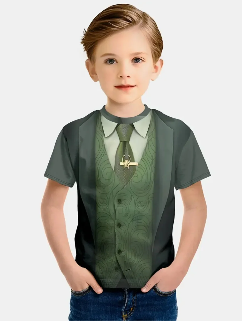 تي شيرت للأولاد بدلة وهمية مضحكة ثلاثية الأبعاد طباعة الصبي سهرة التعادل نمط بلايز الصيف Harajuku فضفاض الاطفال قصيرة الأكمام الجولة الرقبة تيز #5