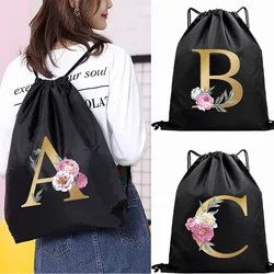 Flower Letter Print Drawstring Pouch Sports Backpack Woman Storage Bag Backpack Drawstring Rucksack Bag Swimming Bag for Shoes