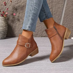 Retro Buckle Strap Ankle Boots Women Low Heels Brown Platform PU Leather Boots Woman 2024 Autumn Side Zipper Short Botas F868