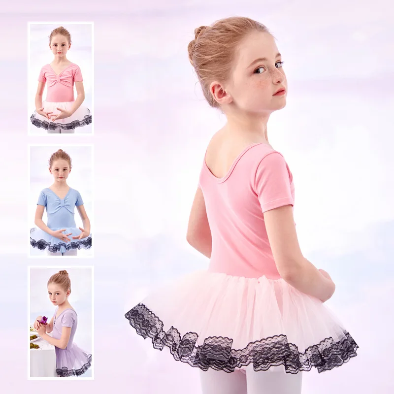 Kurzärmliges Tanz-Trikot für Kinder mit Tüllrock aus Baumwolle, atmungsaktives Ballettkleid für Mädchen, für Bühnenauftritte im Alter von 3-8 Jahren
