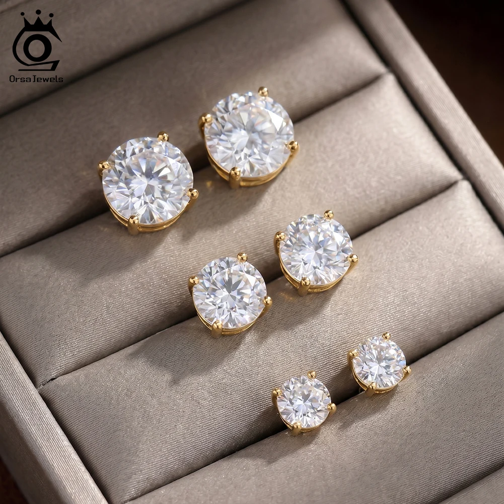 ORSA JEWELS 316 Stainless Steel 18K Gold Plated Round Earrings Shiny Cubic Zirconia Ear Stud for Women Wedding Jewelry HTKE14