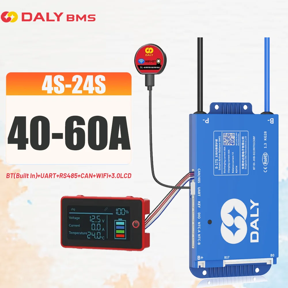 DALY Smart BMS 4S 12V 8S 24V 16S 48V 40A 60A Active Balance Built In Bluetooth for LiFePO4 Li-ion LTO with LCD RS485 UART WIFI