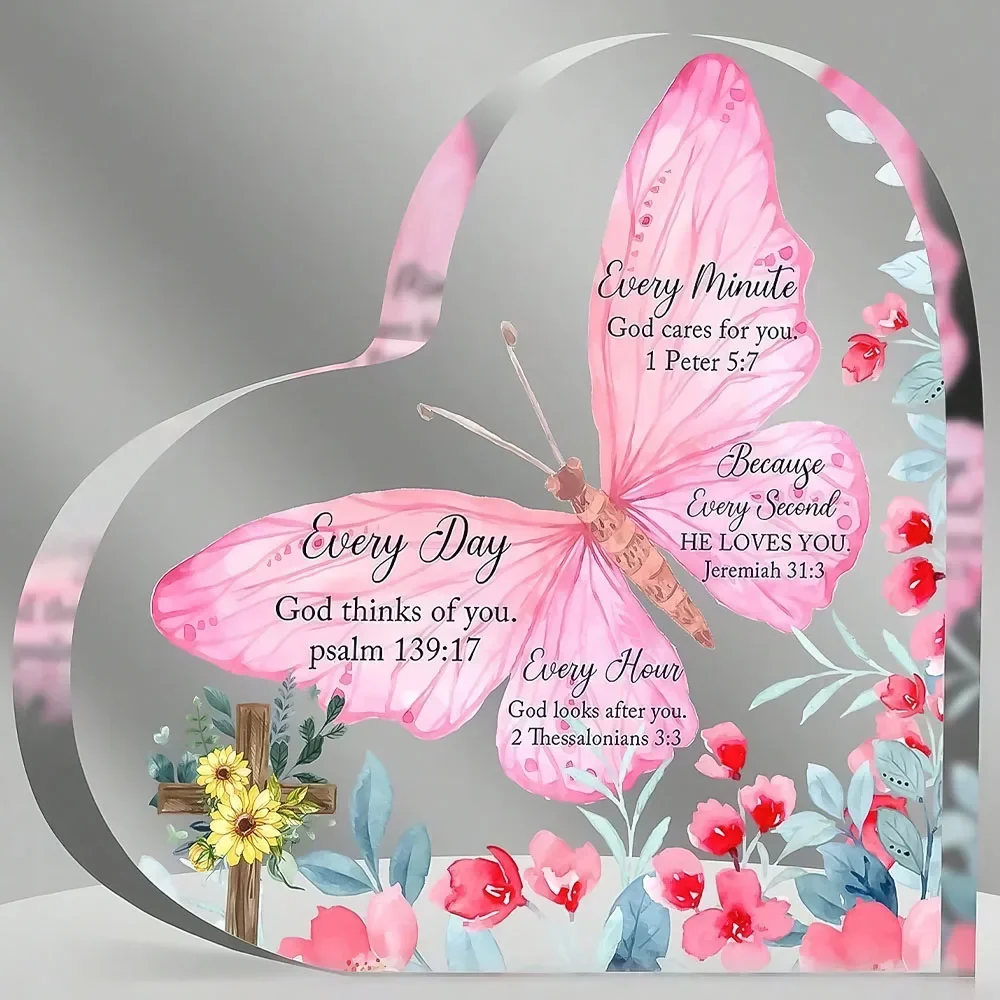 Every Minute God Cares For You Bible Text Heart Shaped Acrylic Table Ornament Religious Present