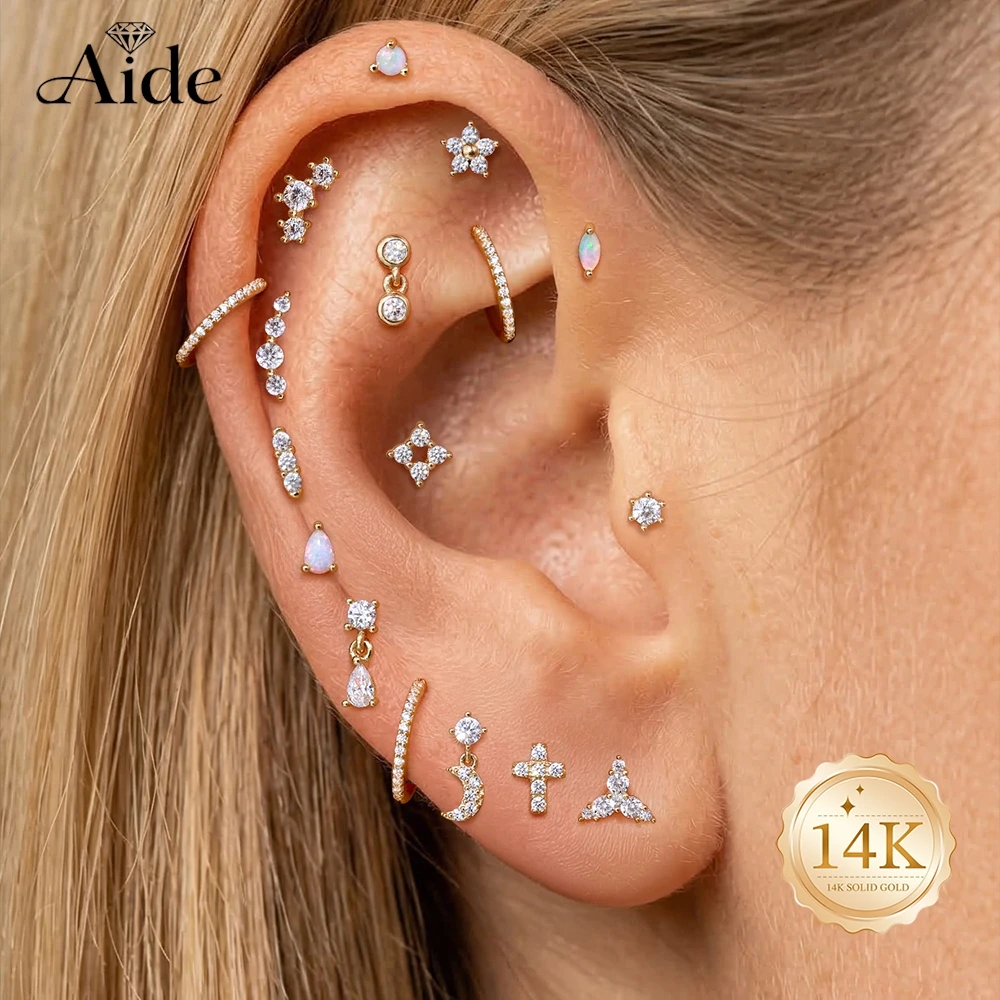 

AIDE 14K Solid Gold Moon/WaterDrop Pendant Flower Piercing Earrings For Women Dainty Luxury Ear Bone Earring Anniversary Gifts
