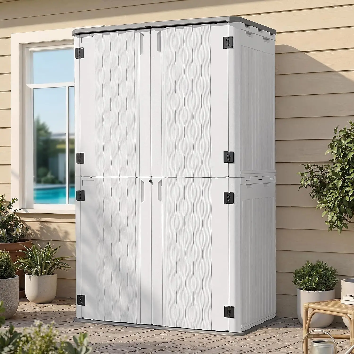 ^67 Cu.Ft Resin Outdoor Storage Shed, Vertical Plastic Cabinet,White | HDPE, waterproof, UV resistant, with floor, lockable