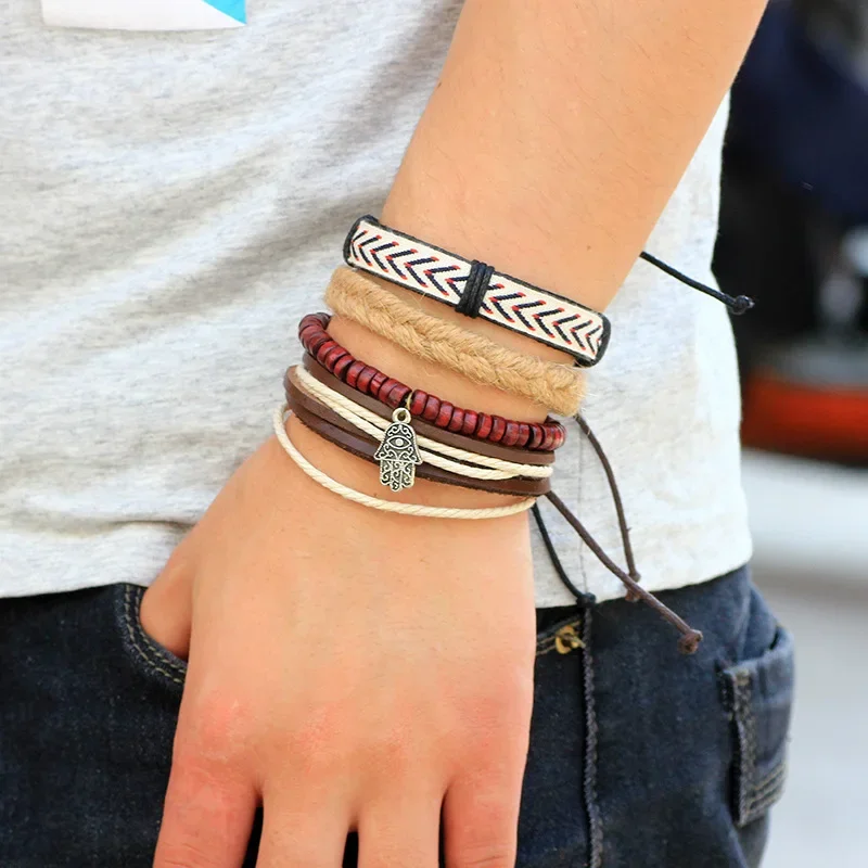 Punk Simple Individuality Fashionable Minority Leather Citron Hands Gentleman Leather rope Knit String of beads Bracelet