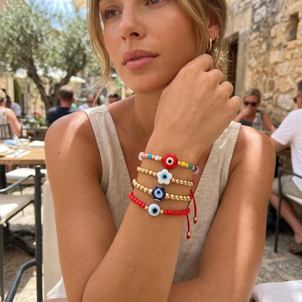4pcs Evil Eye Glass Beaded Bracelet with Copper Beads Tie Closure Boho Round Charm Bracelet for Women Vacation Jewelry