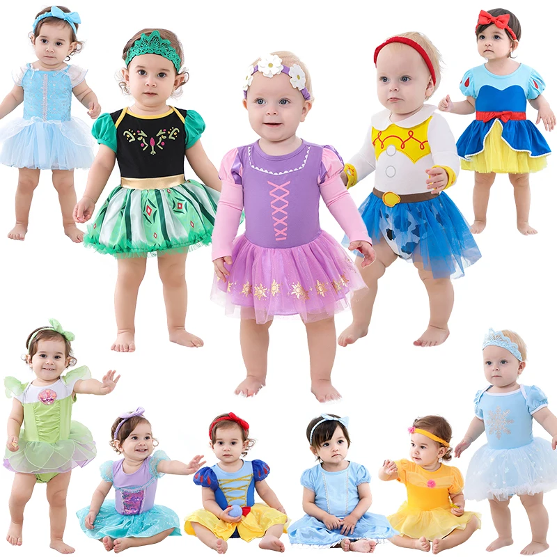 

Fancy Fairy Baby Romper Elsa Ariel Belle Rapunzel Princess Costume 1 Year Birthday Tutu Dress Lace Headband Christening Baptism