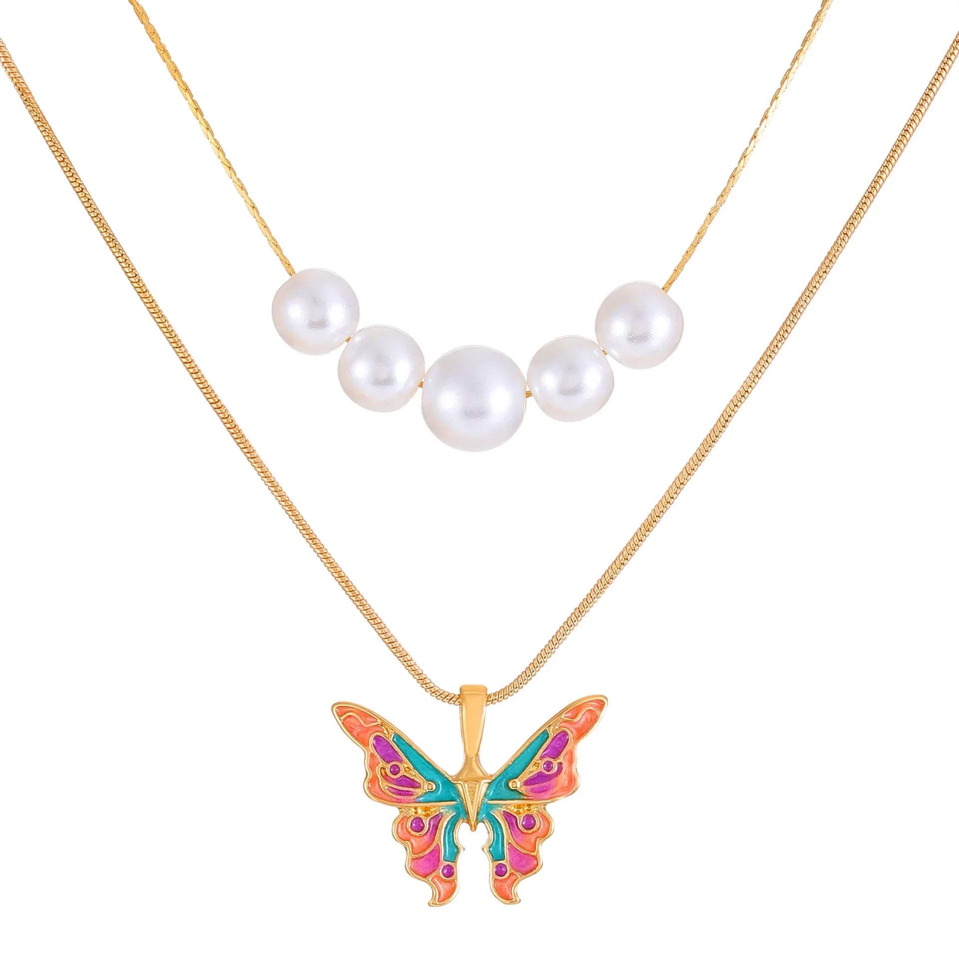 

Butterfly Necklace For Women Pearl Double Chain Pendant Necklaces Trendy Jewelry Gift