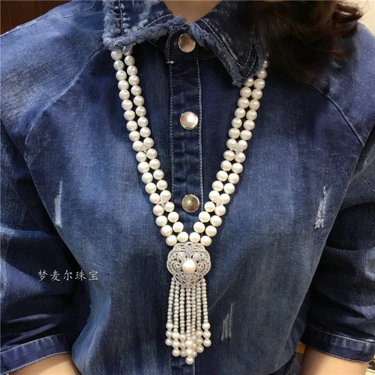 

Natural 2 Strands Freshwater Cultured White Pearl Necklace CZ Cubic Zirconia Pave Pendant Handmade For Women