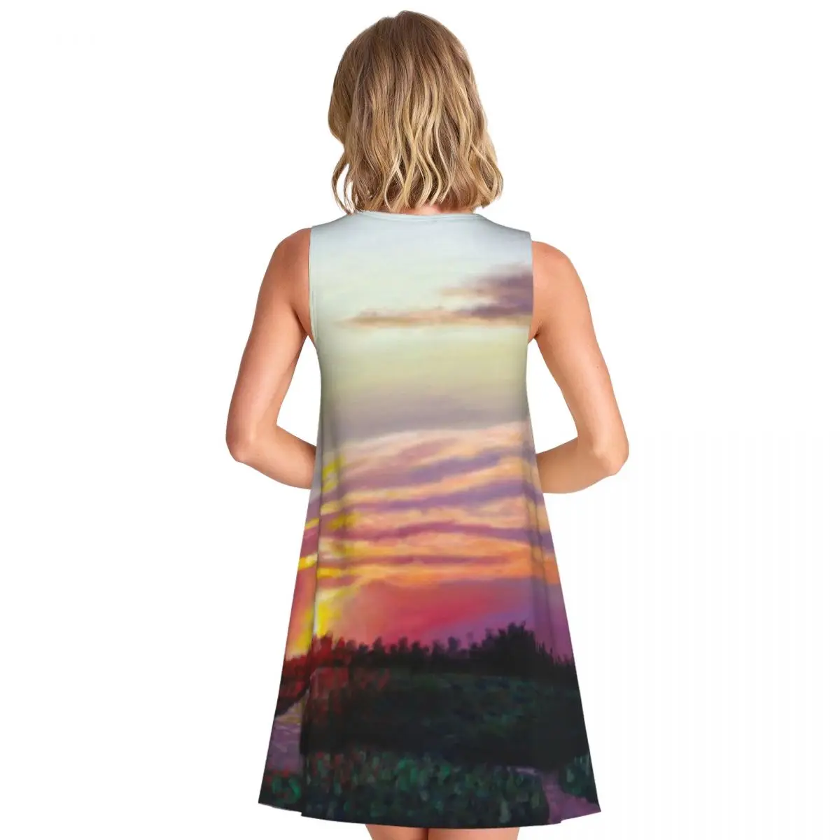 Sunrise River Oil Painting Women's Sleeveless French Style Date Mini Dress Elegantretro 2026 New Dress