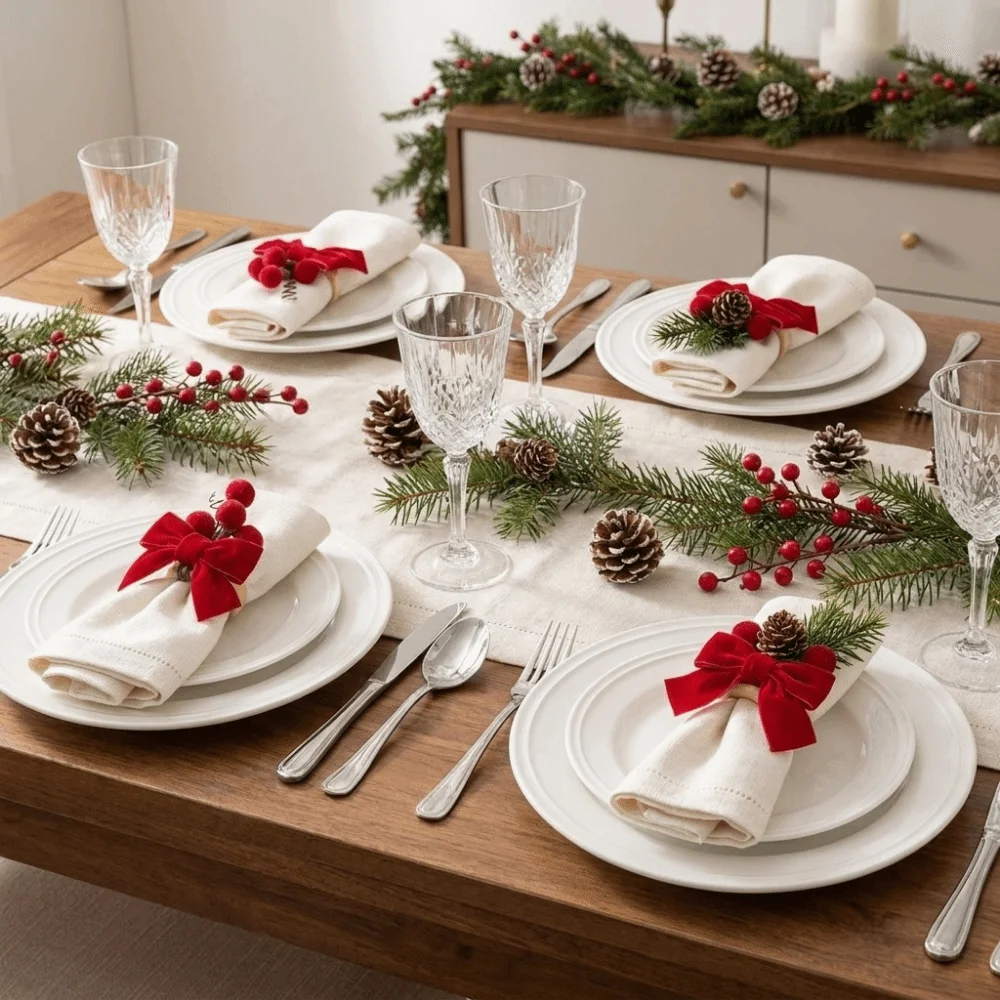 6PCS Fabric Craft Christmas Napkin Rings Pinecone Pine Needle Red Bow Napkin Rings Simulation Realistic