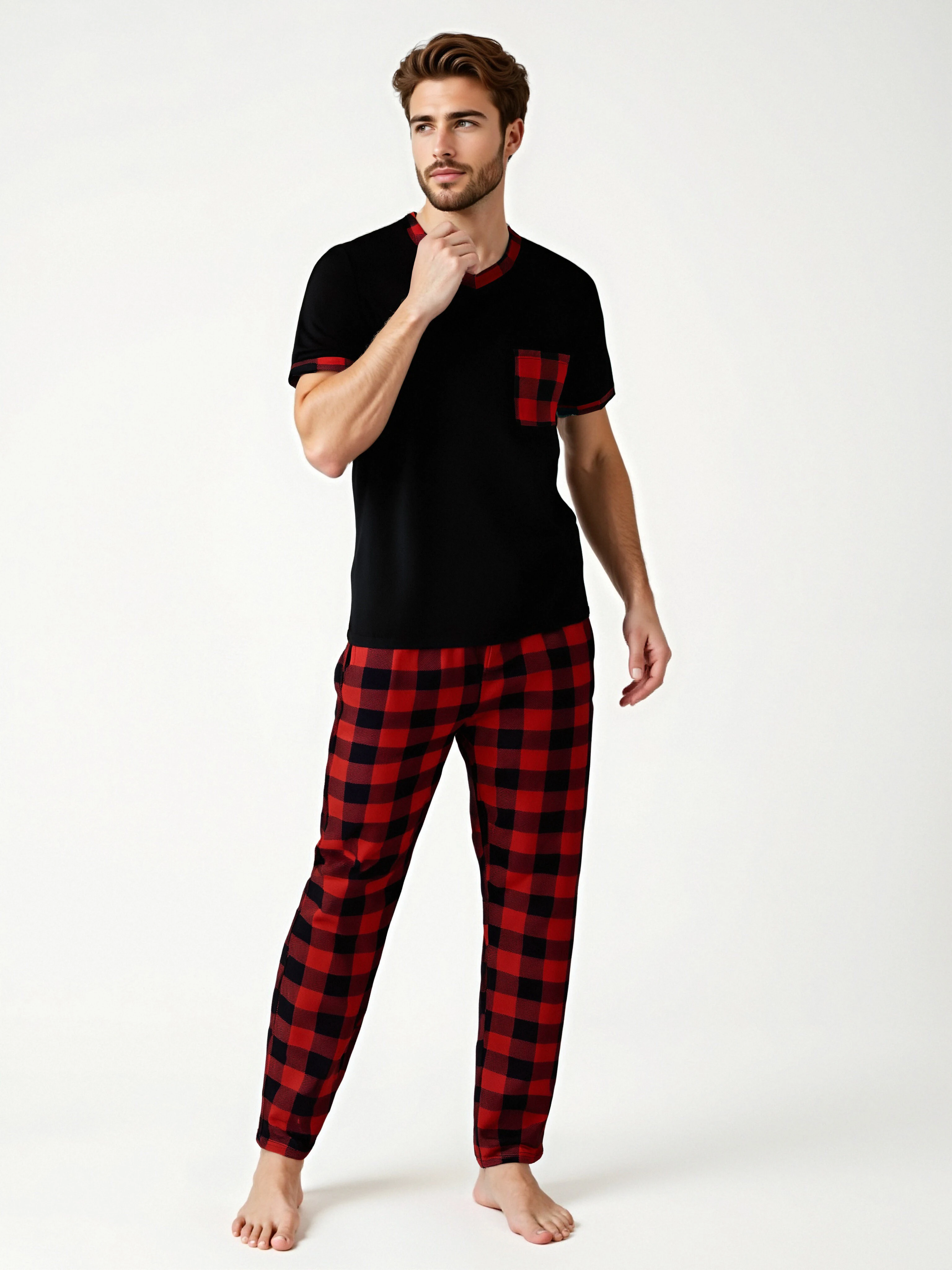 

Mens Pajama Sets Short Sleeve Plaid Pajamas for Men Pjs Set Soft Lounge Pants Sleepwear Pj Pants with Pockets Drawstring