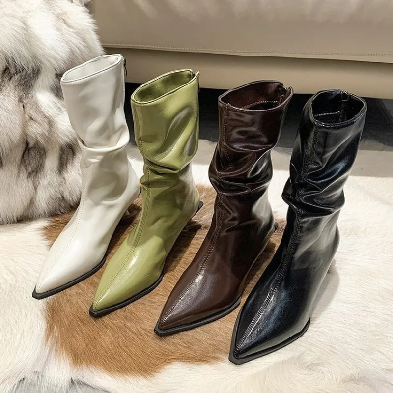 Small Heel Short Boots for Women 2024 New Pointed Thin Heel Mid Barrel Fold Stacked Boots Soft Leather Elastic Slim Boots