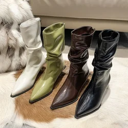 Small Heel Short Boots for Women 2024 New Pointed Thin Heel Mid Barrel Fold Stacked Boots Soft Leather Elastic Slim Boots