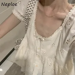 Neploe Fashion Sweet O-neck Bow Shirts Women Summer Puff Sleeve White Blouses Y2k Hollow Out Embroidery Loose Blusas Mujer