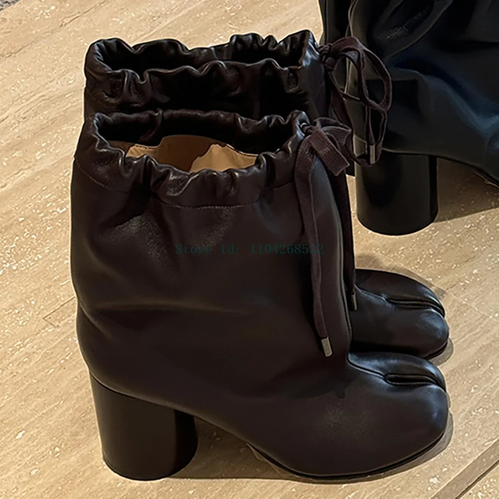 Split Toe Lace -Up Pleated Matte Leather Ankle Booties Round Heel Slip On Solid New Arrivasl Fsahion Winter/Sping/ Slouchy Boots