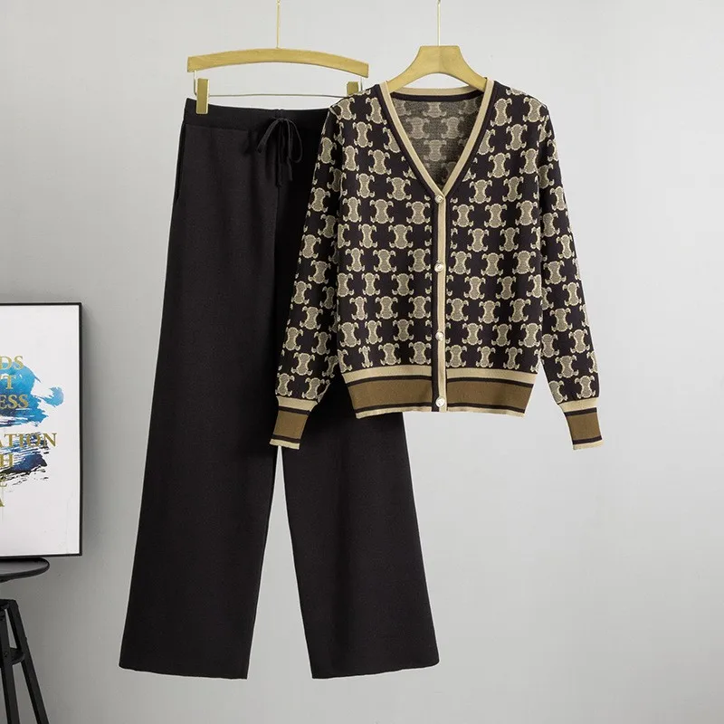 

Women Knitted Pant Sets 2025 New Women's Sweater Coat Wide Leg Pants Fashion Spring And Autumn Two-Piece Set