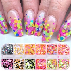 12 Grids Fluorescent Round Sequins Nail Glitter Sparkle Bubble Circle Flakes Polka Dot Design Slice Spangles Holo Manicure Decor
