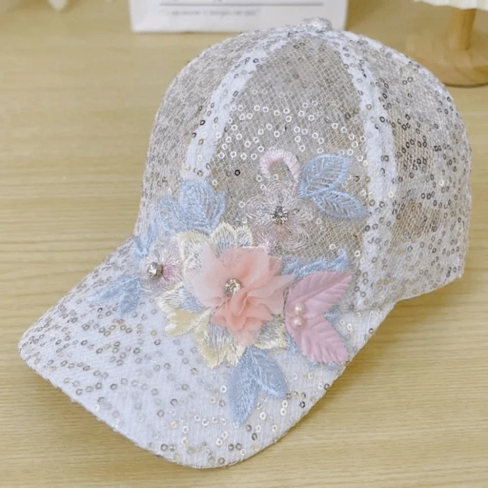 

Sparkly Sequin Mesh Baseball Cap 3D Flower Embroidered Multi-Color Vintage Style Sun Hat Polyester Breathable Casual Peaked Cap