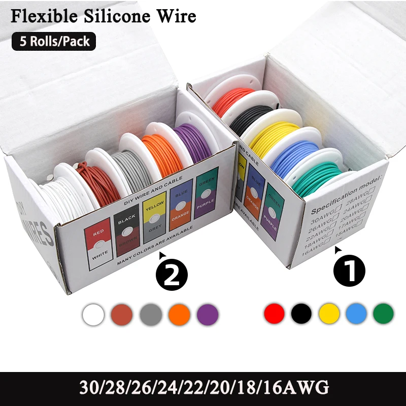 

Heat Resistant Flexible Silicone Wire 30/28/26/24/22/20/18/16AWG （5 Colors Mix Kit）Stranded Cable Electrical Tinned Copper Wire