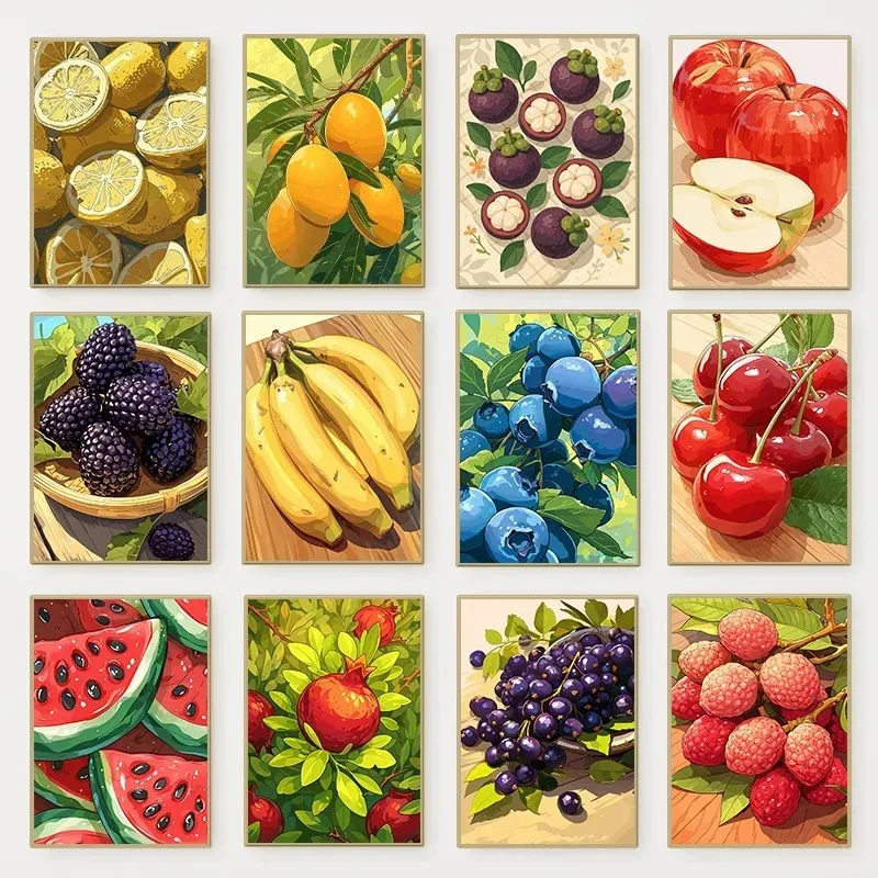 2026 Fruit Still Life Illustration Poster Banana Strawberry Lemon Lychee Canvas Painting Wall Art for Fruit Shop Home De