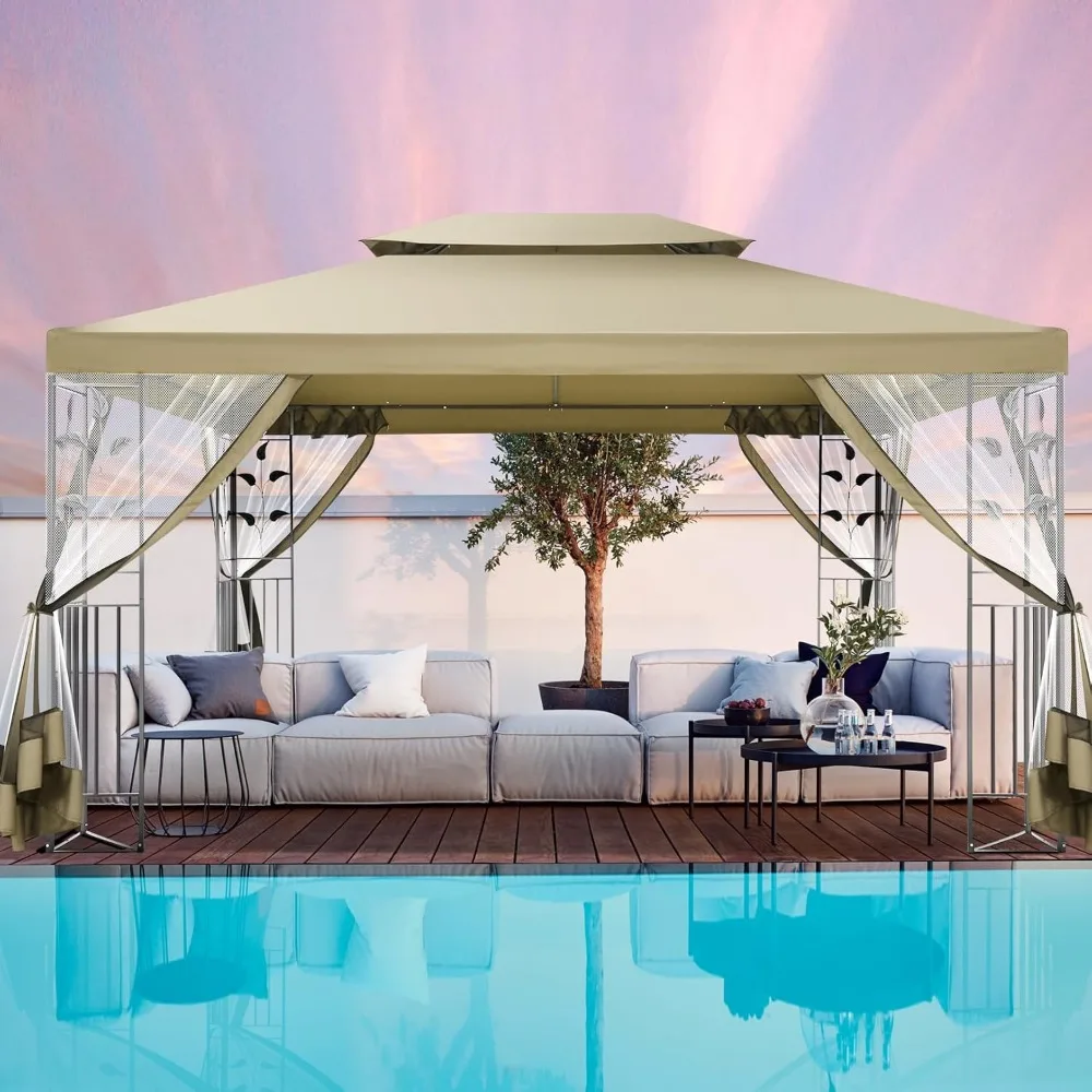 

HOTEEL 10x13ft Gazebo on Clearance, Outdoor Tent with Mosquito Netting and Ventilated Double Flat Roof, Patio Gazebo with Stable