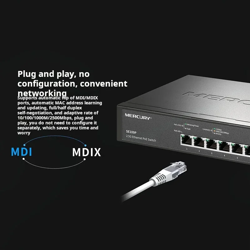 MERistro Y-Commutateur PoE 2.5G à 8 ports, 8x10/100/1000/2500Mbps RJ45, 1x1/2 déchets 5/10Gbps +, 8 * 2.5GE(PoE)@ 115W, Plug and Play, SEnightlife P