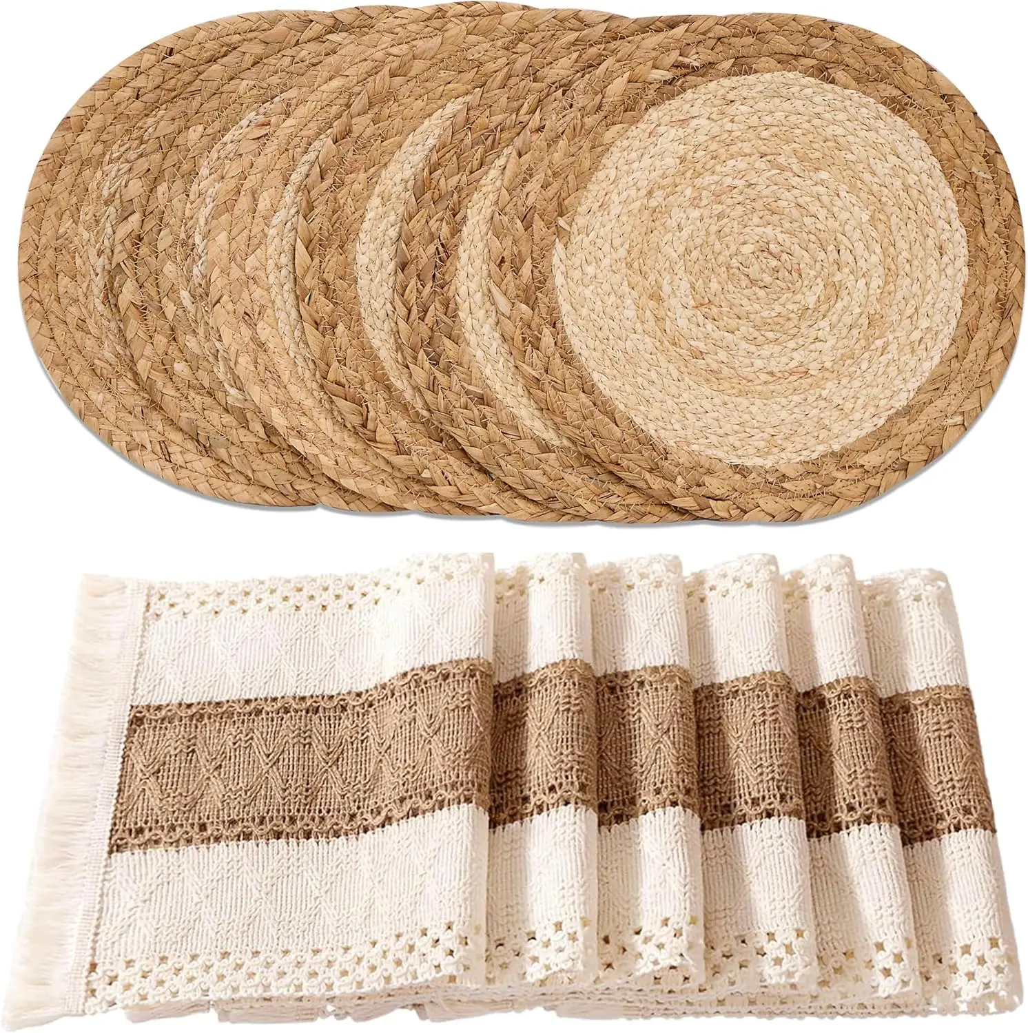 

Handmade Boho Placemats Set of 6 - Natural Cotton Burlap and Water StWoven Rattan Wicker Braided