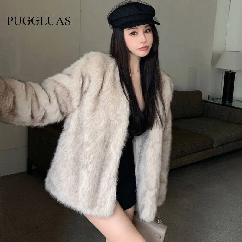 Pelzmantel Frauen warm pelzigen Langarm lose V-Neek weibliche Outwear 2023 Herbst Winter neue Mode Straße alle passen Dame Mantel