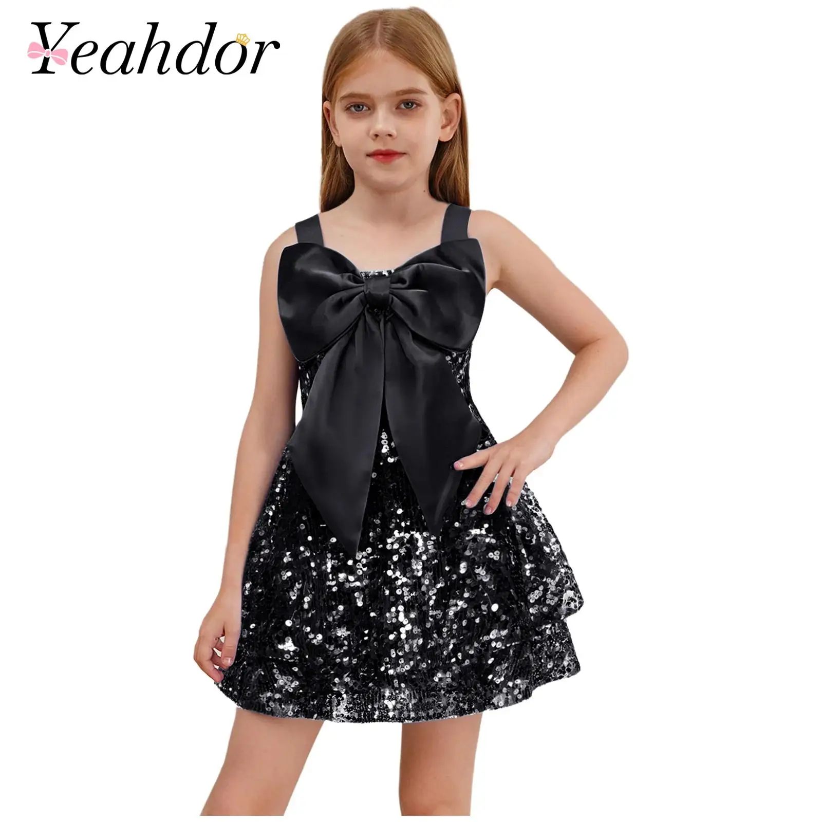 

Girls Party Dress Sequins Formal Mini Dress Bowknot Sparkly Flower Girl Clothes Birthday Wedding Special Occasions Kids Dresses