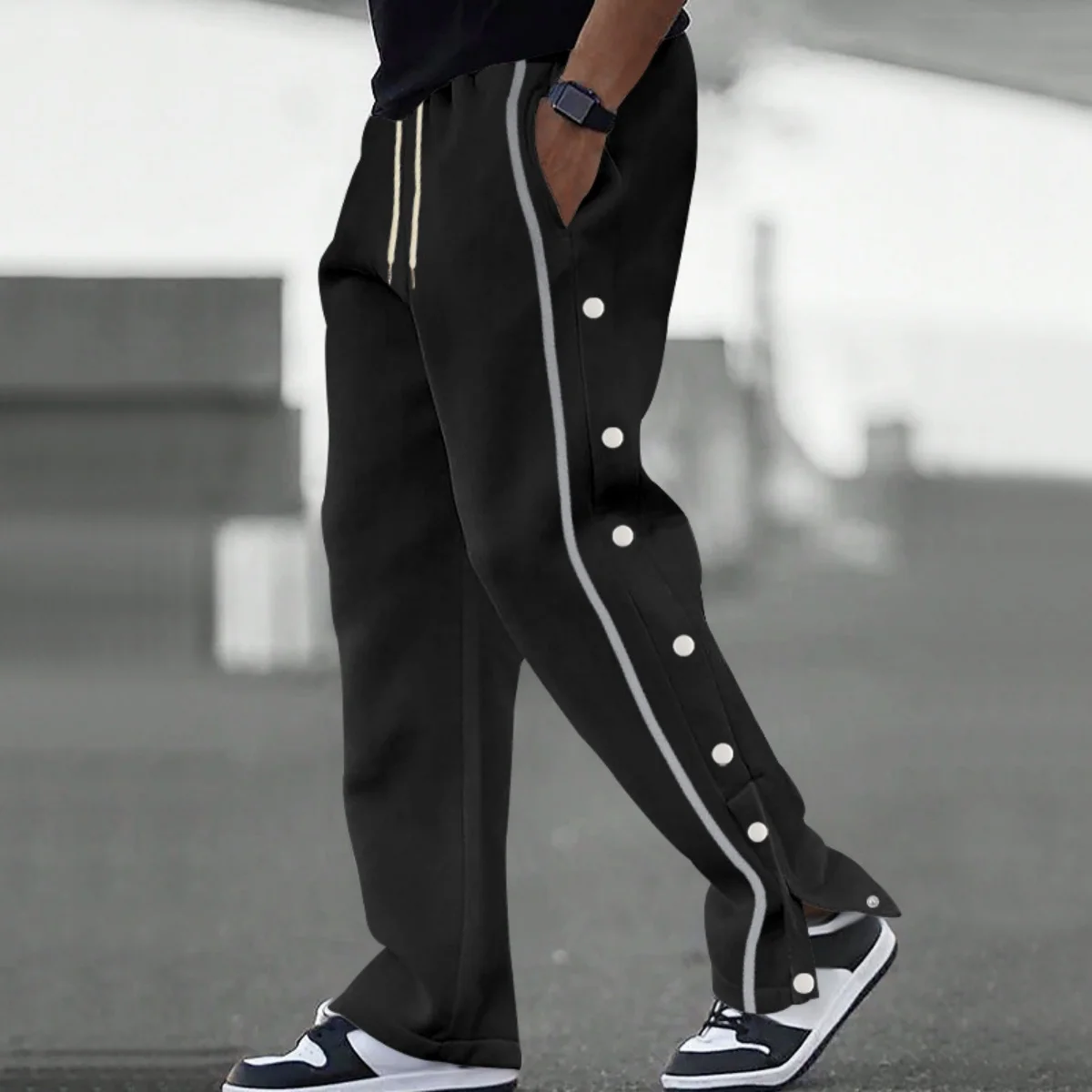 Men's Sporty Casual Long Pants Spring Autumn Fashion Street Style Side-Buttoned Loose Fit Wide-Leg Basketball Trousers