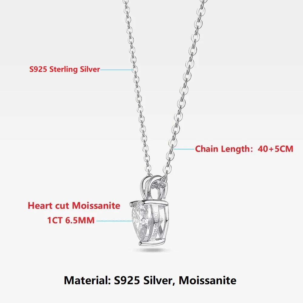 Halaile 1CT VVS1 Moissanite Necklace S925 Sterling Silver Love Heart Pendant Sparkling Fine Jewelry for Women Accessories Gift