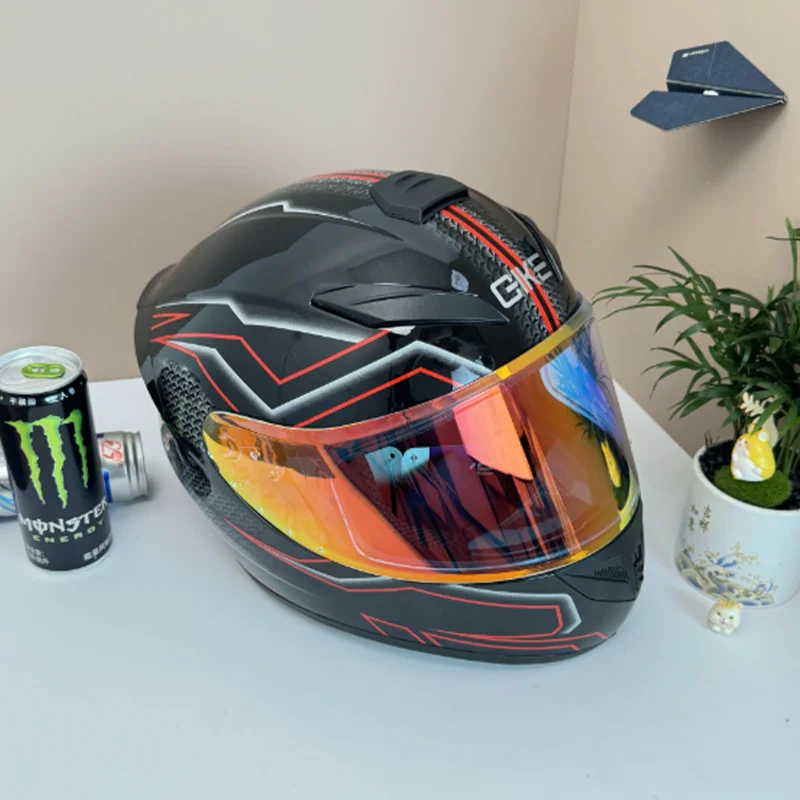 خوذة دراجة نارية كاملة الوجه برسومات عالية الوضوح باللون الأحمر مع حماية معطف شفاف ومقاومة للخدش للفصول الأربعة #3