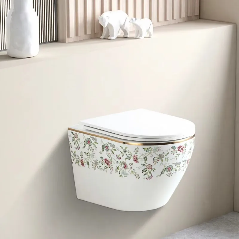Luxury Design Decal Paper Gold Good Quality Wall Mounted Water Closet Bathroom Wall Hung Toilet With Hidden Water Tank