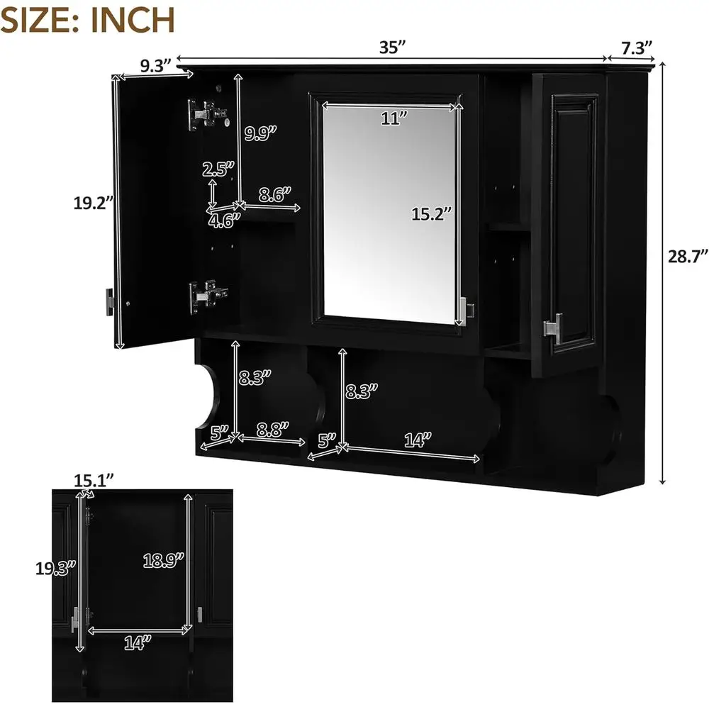 Bathroom Wall Cabinet with Mirror, Wall Mounted Medicine Cabinet with Adjustable Shelves and Open Spaces, 35" x 28" Mirrored Doo view 3