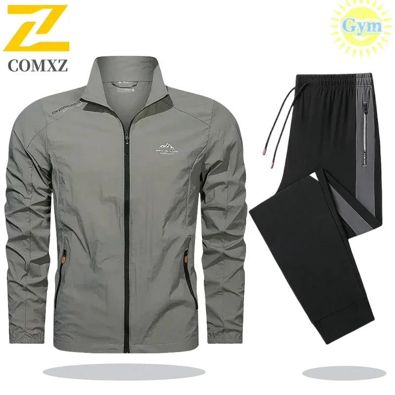 Mens Tracksuit Spring Summer Sportswear 2 Piece Sets Sports Suit Sunscreen Jacket+Pant Running Set Men Fishing Jogger Sweats Set
