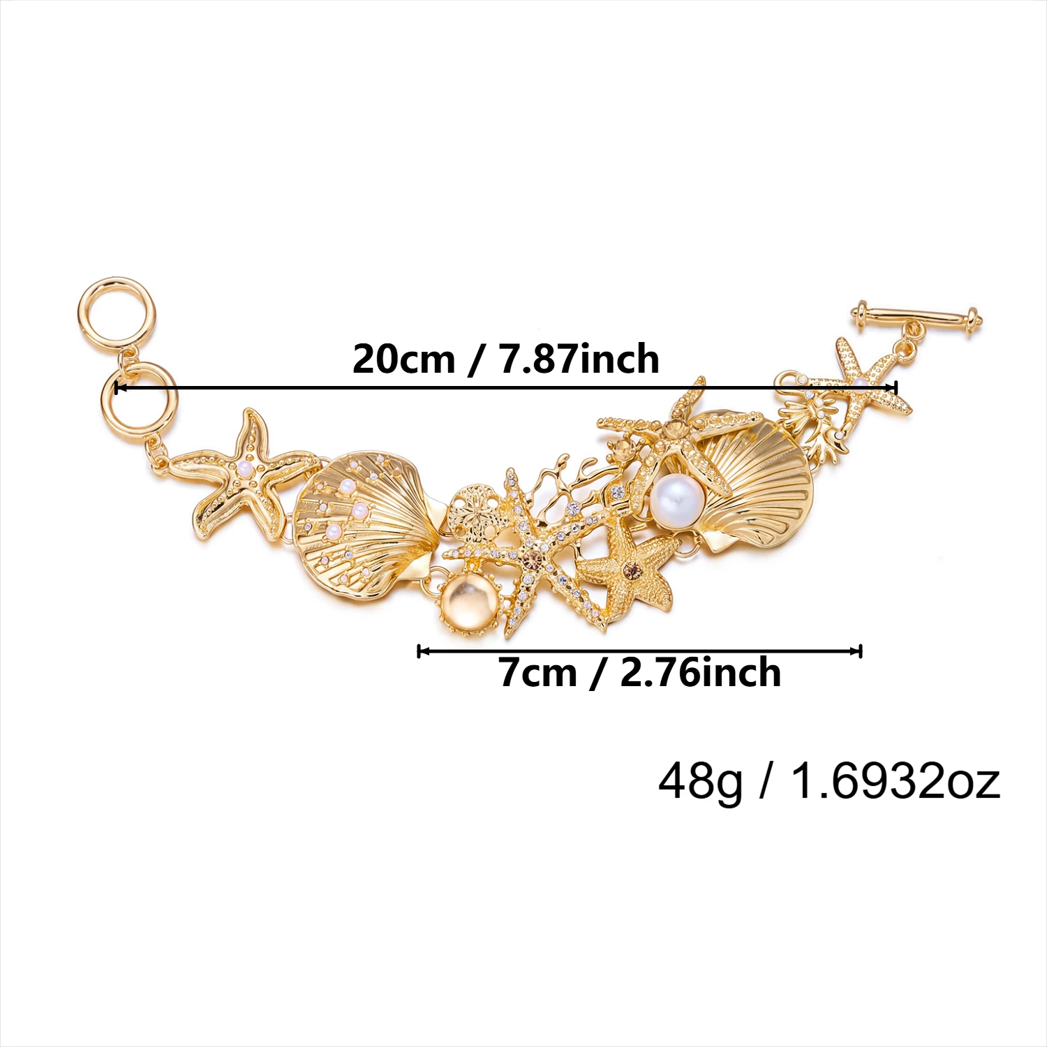 Vintage Schmuckset für Damen im Ozean-Stil: Extravagante Metall-Emaille Seestern-Muschel-Korallen-Perlenkette und Armband – Detail 8