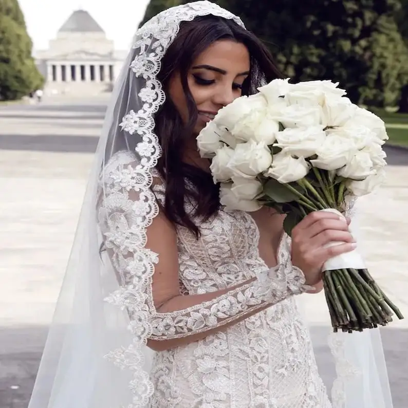 كاتدرائية الحجاب الدانتيل طرحة الزفاف الأبيض الزفاف كيب اليدوية لوازم الزفاف اكسسوارات الزفاف أغطية الرأس