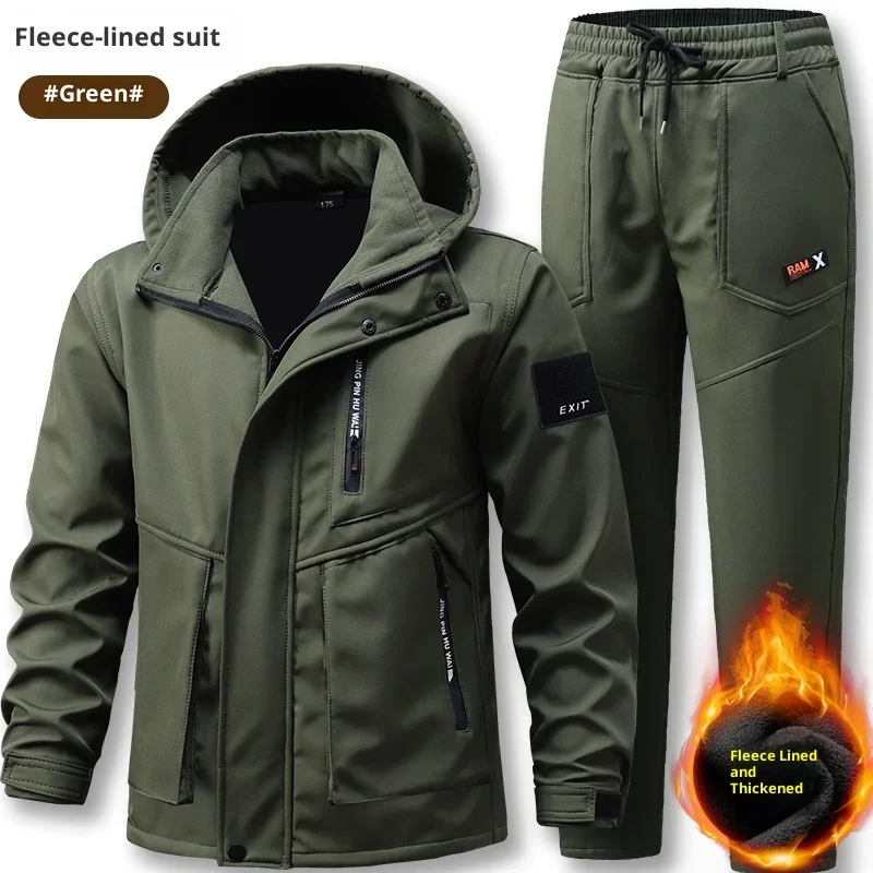 Mens 3 In 1 Tactical Jacket Set Winter Fleece Lined Windproof Assault Outerwear Hooded Riding Coat Training Sport Suit