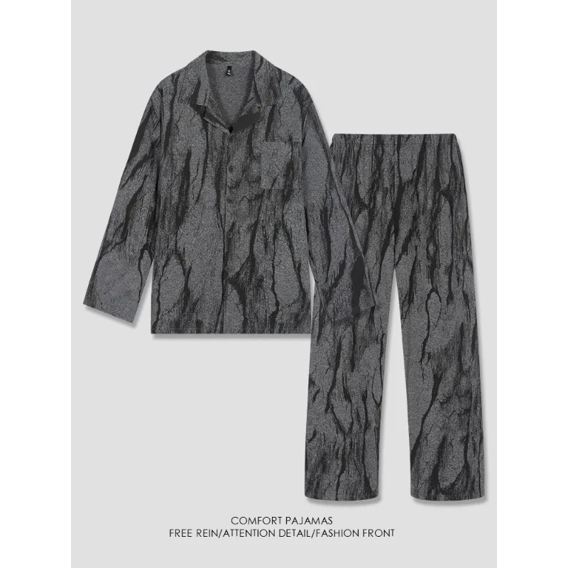 Trendy Men's Urban‑Chic Pajama Two‑Piece Set, Stylish Artistic Unique Print, Soft Breathable Casual Homewear for Spring & Autumn