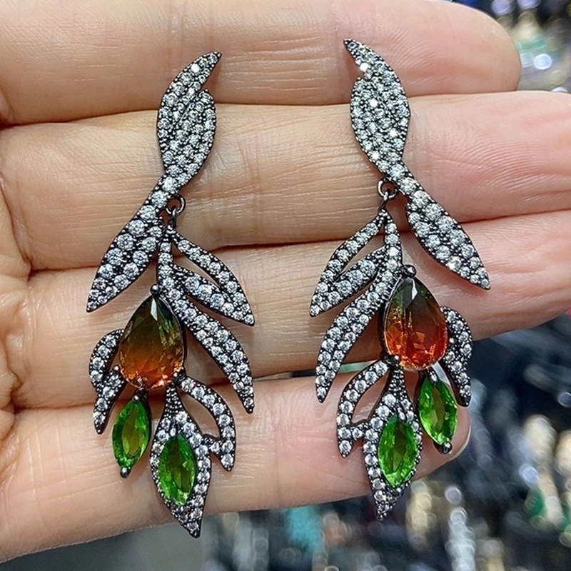 

shiny unique zirconia earrings leaf green white champagne luxury jewelry women daily wear dinner party gift female