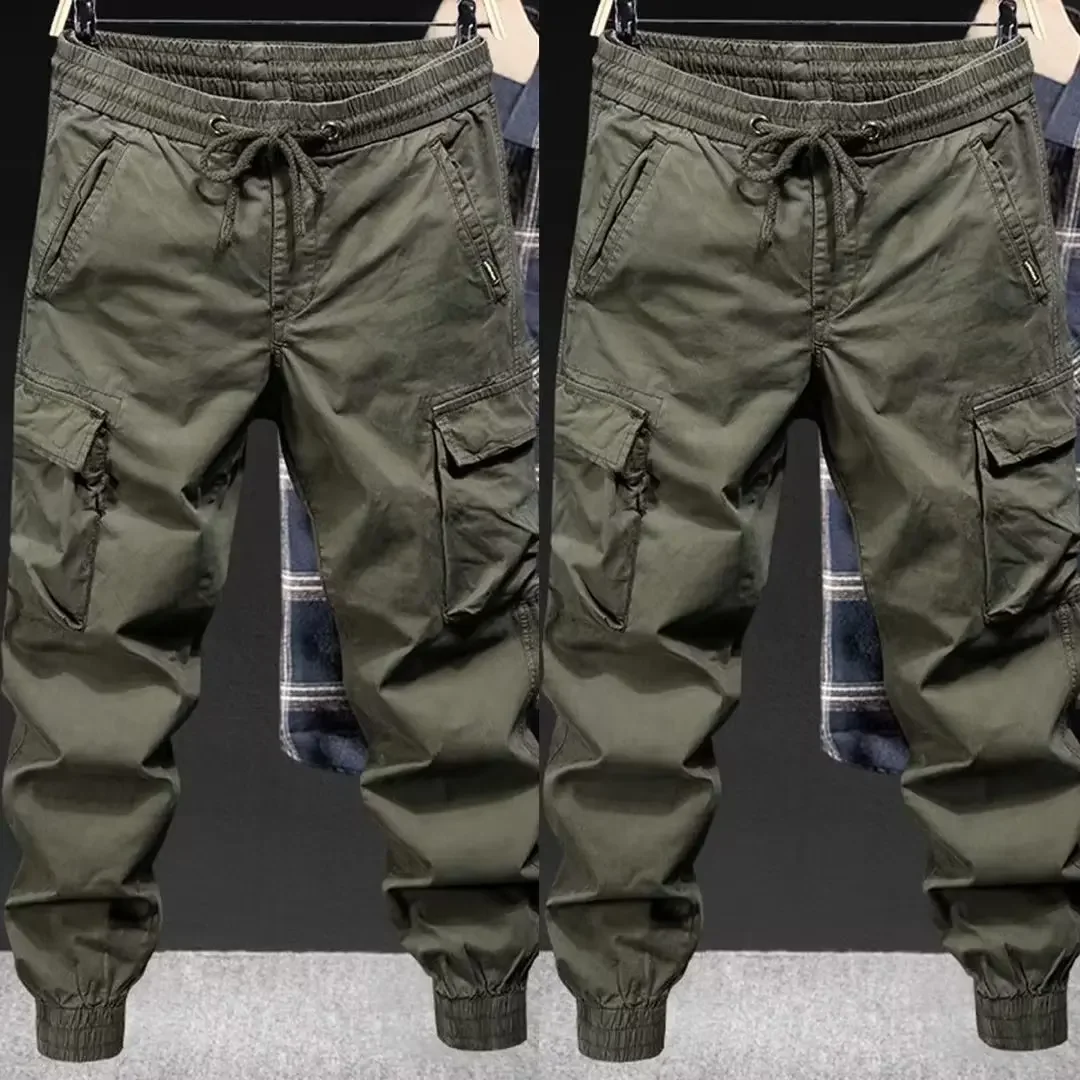 Male Drawstring Elastic Waist Cargo Jogger Pants Loose Multi‑Pocket Solid Color Trousers Outdoor Casual Long Pants Spring Autumn