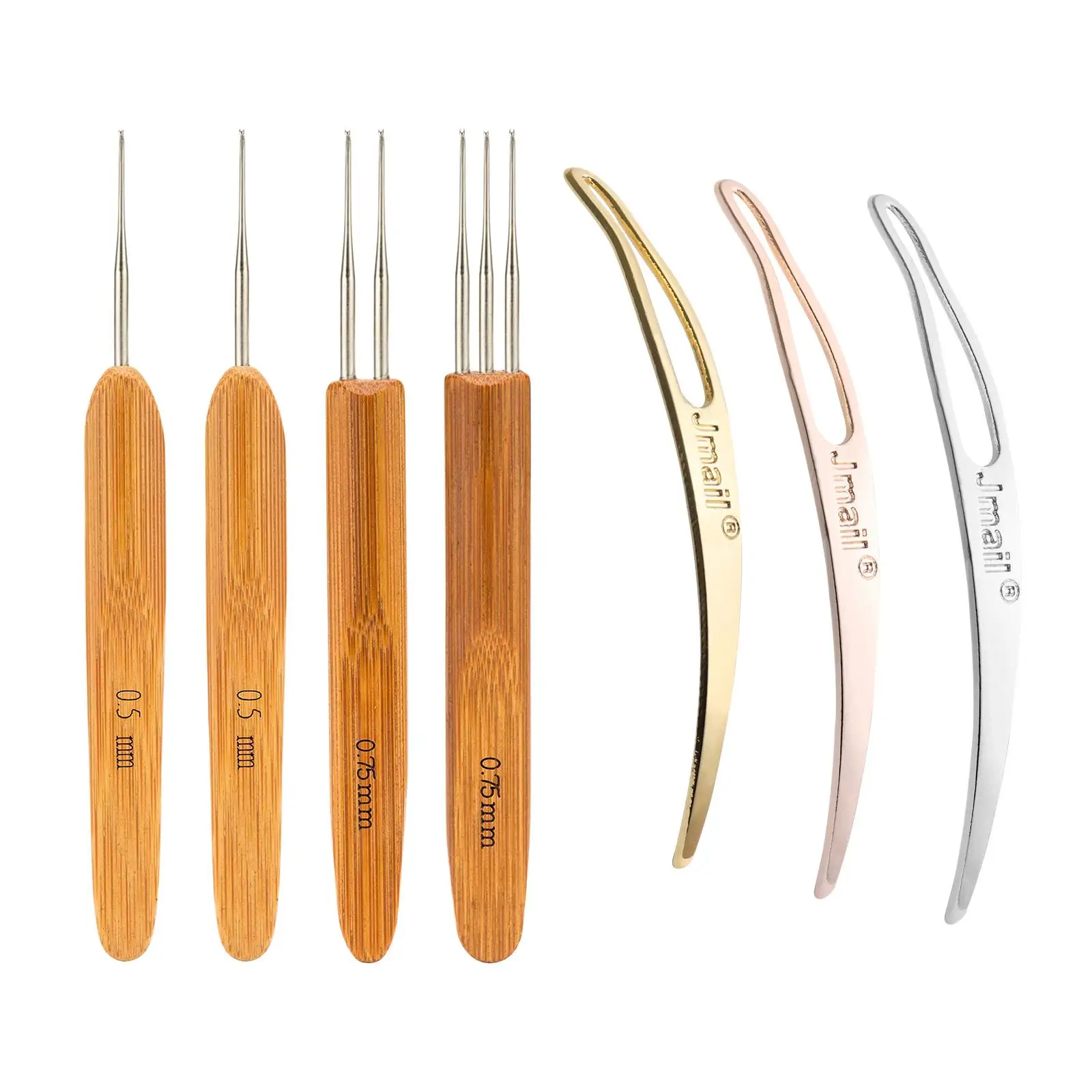 7 Crochet Hooks Set Weaving Needle Steel Crochet Hook with Bamboo Handle Interlocking Hair Tool Accessories
