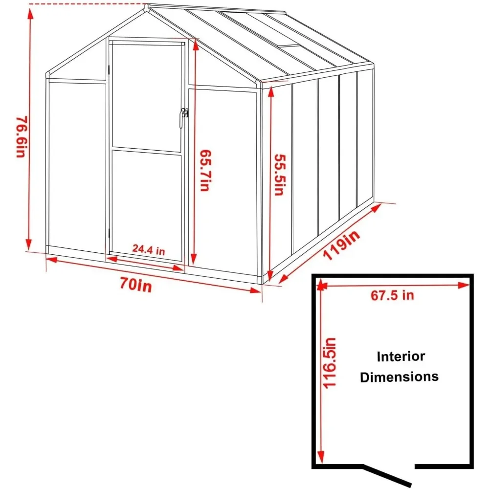 6x10 FT Greenhouse Kit for Outdoor, Polycarbonate Aluminum Walk-in Green House with Lockable Door and Adjustable Roof Vent