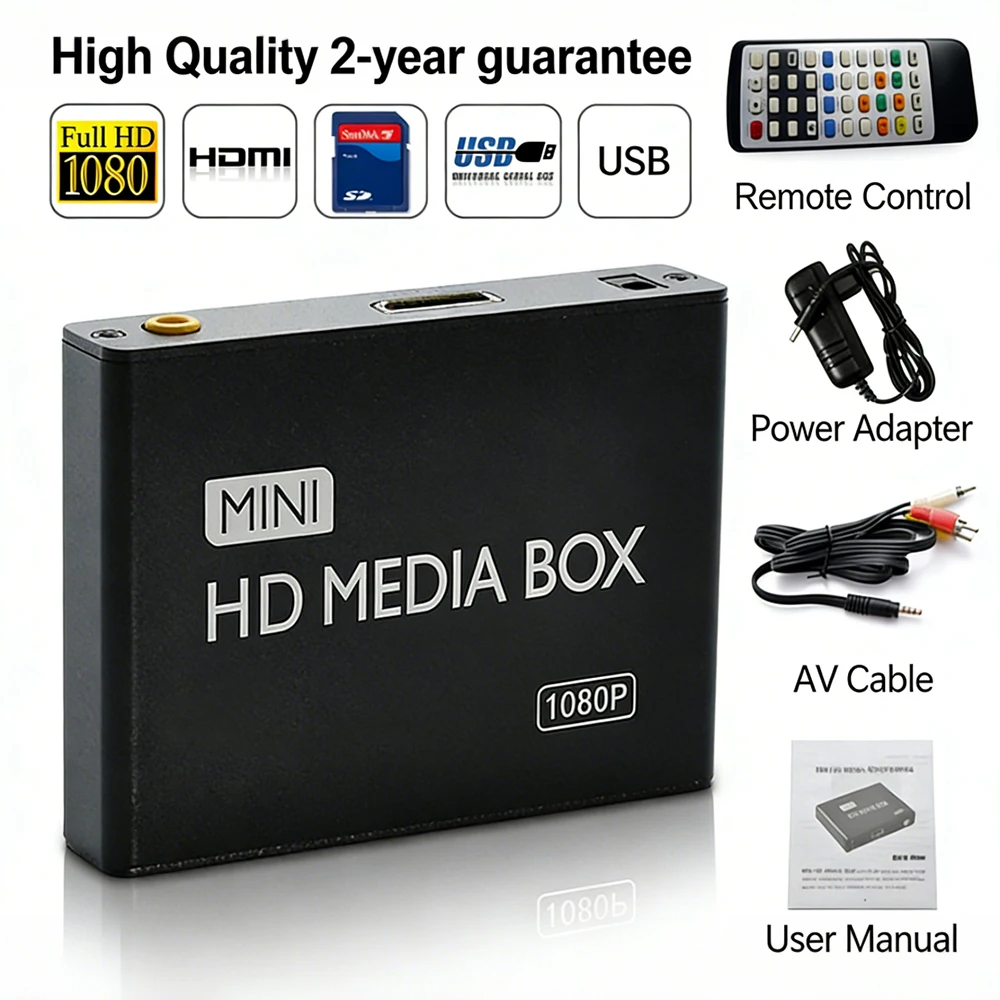 

Mini 1080P HD Media Player Multi-Format Decoding, Plug & Play USB/SD Reader for Home & Office Use School Teaching