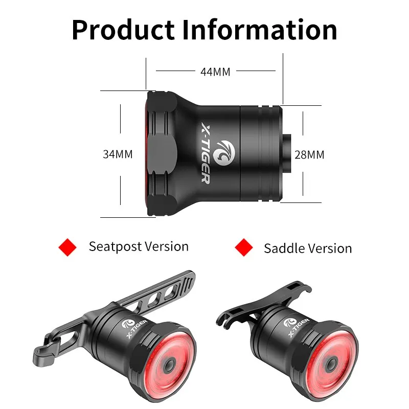 X-TIGER 자전거 후미등 스마트 브레이크 감지 조명, IPX6 방수 LED 충전 미등, 사이클링 액세서리
