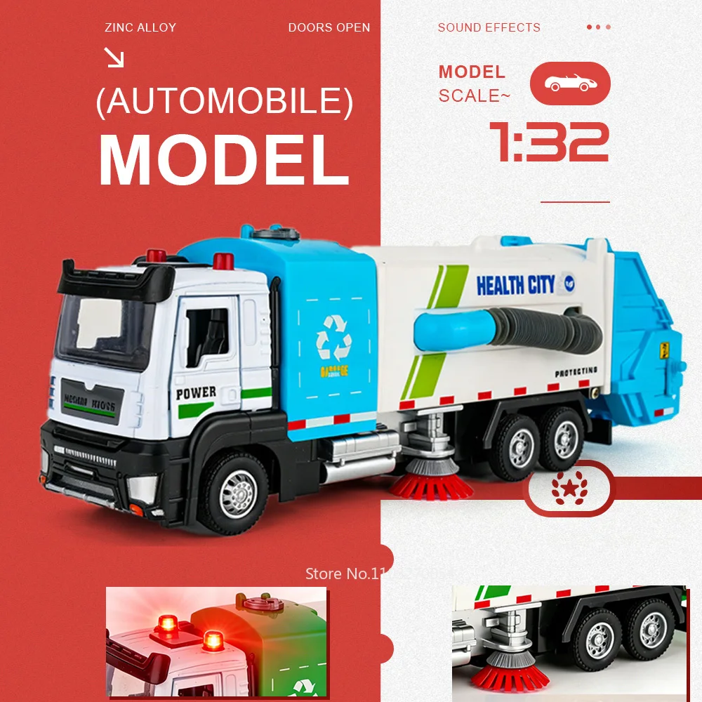 

1:32 Electric Vacuum Cleaner Sweeper Alloy Model Diecast Toy Car Doors Opened Sound Light Pull Back Engineering Vehicle Kid Gift